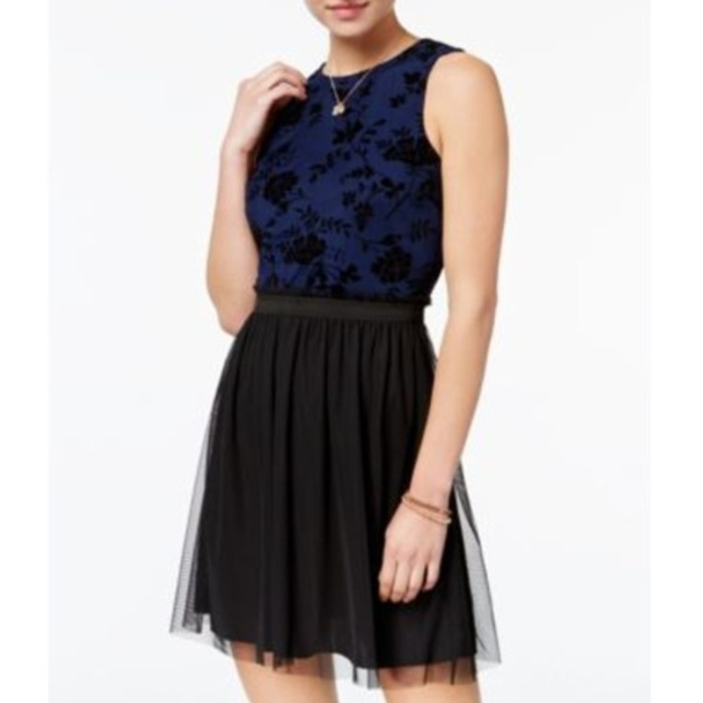 Speechless Juniors M fit & flare dress flocked blue/black sleeveless dark Fairy